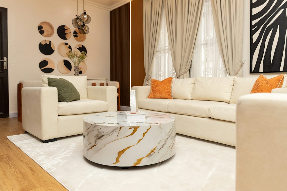 Marble table with gold veining in a living room